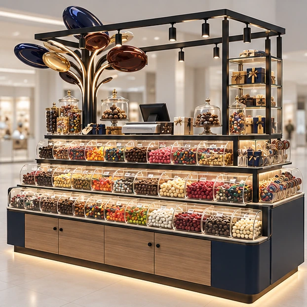 Premium Chocolate and Candy Kiosk with Glass Cases main three-quarter product rendering