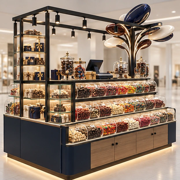 Premium Chocolate and Candy Kiosk with Glass Cases opposite angle showing its complete footprint and display layout