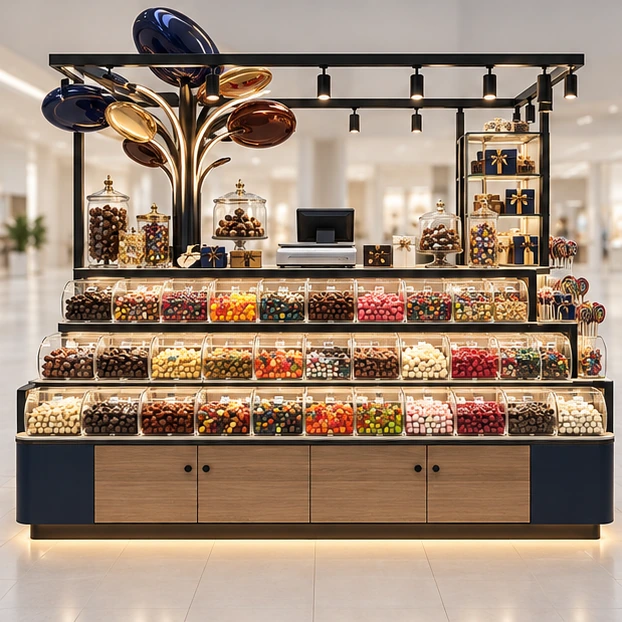Premium Chocolate and Candy Kiosk with Glass Cases customer-facing service and display view