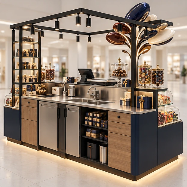 Premium Chocolate and Candy Kiosk with Glass Cases operator-side equipment, access, and storage view