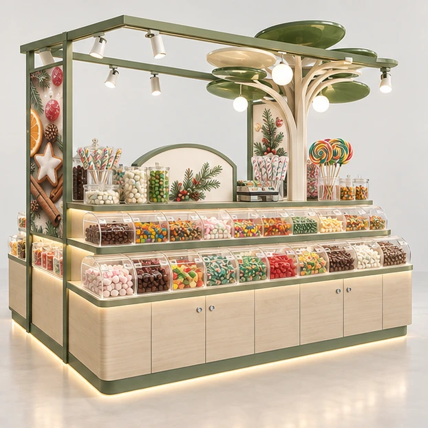Seasonal Candy Kiosk with Changeable Display Panels opposite angle showing its complete footprint and display layout