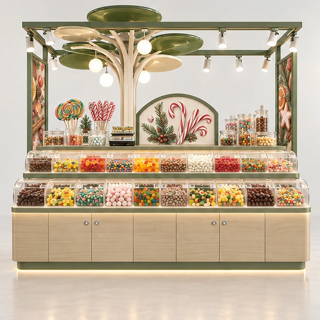 Seasonal Candy Kiosk with Changeable Display Panels customer-facing service and display view