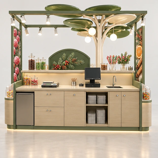 Seasonal Candy Kiosk with Changeable Display Panels operator-side equipment, access, and storage view