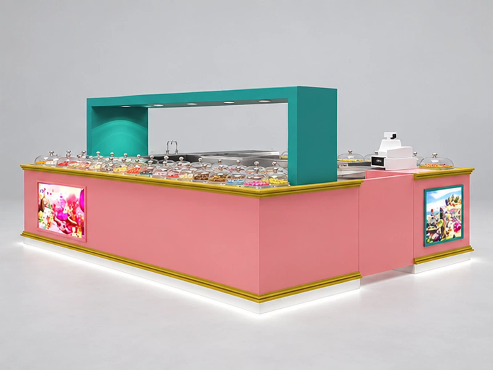 Useful candy kiosk portable sweet food booth retail candy counter in mall for sale opposite angle and overall footprint