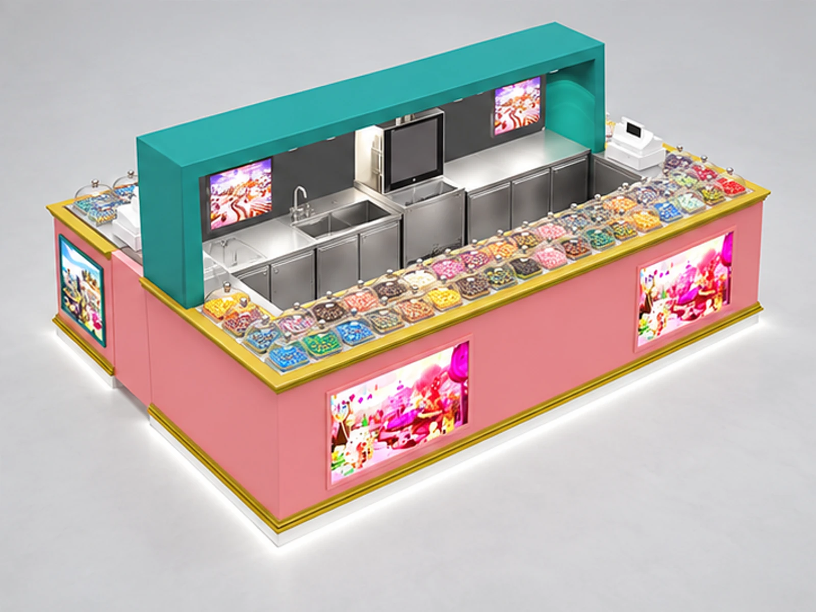 Useful candy kiosk portable sweet food booth retail candy counter in mall for sale staff-side equipment and storage view