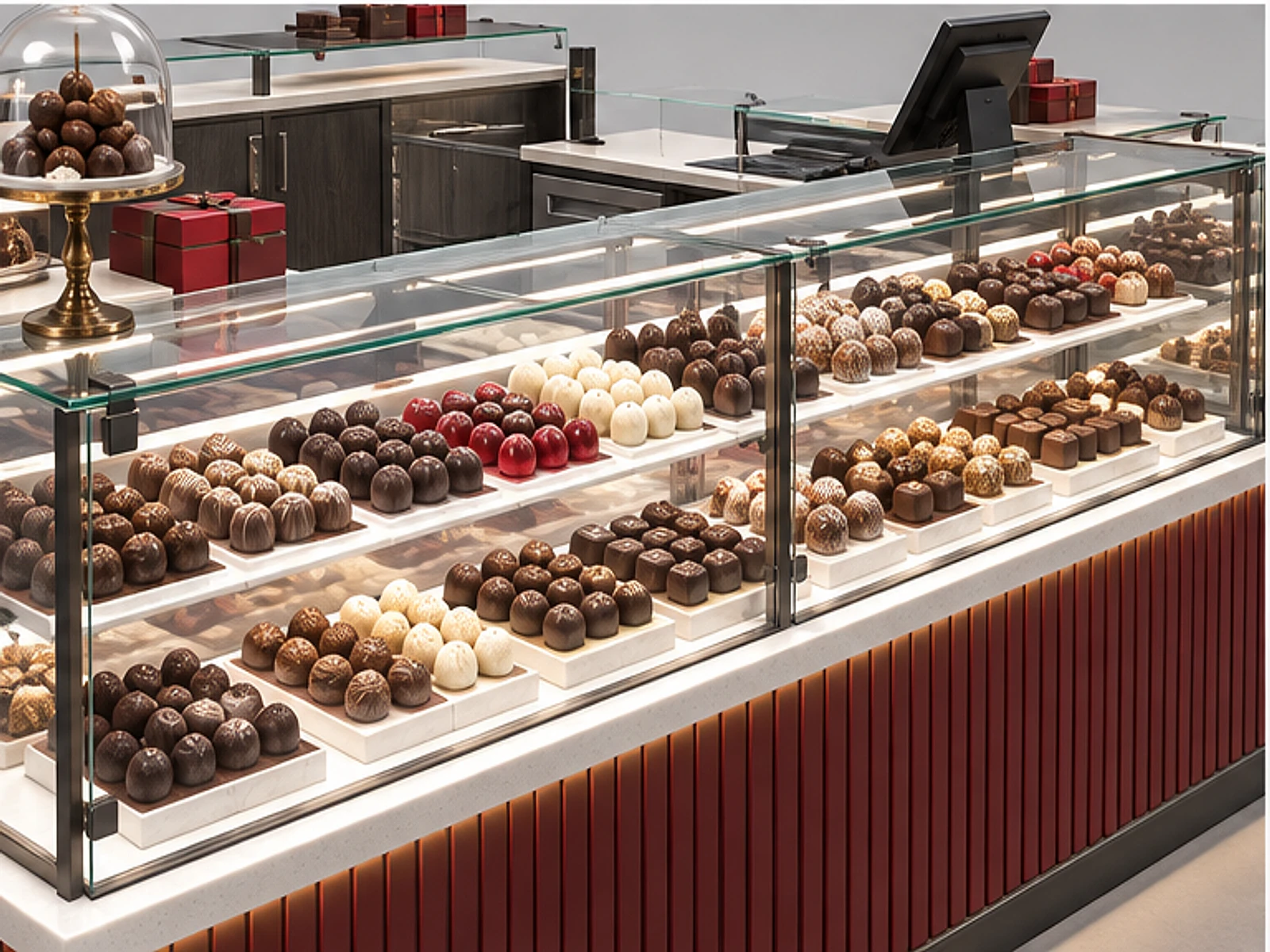 Artisan Chocolate Booth with Temperature-Controlled Case customer-facing display and service counter