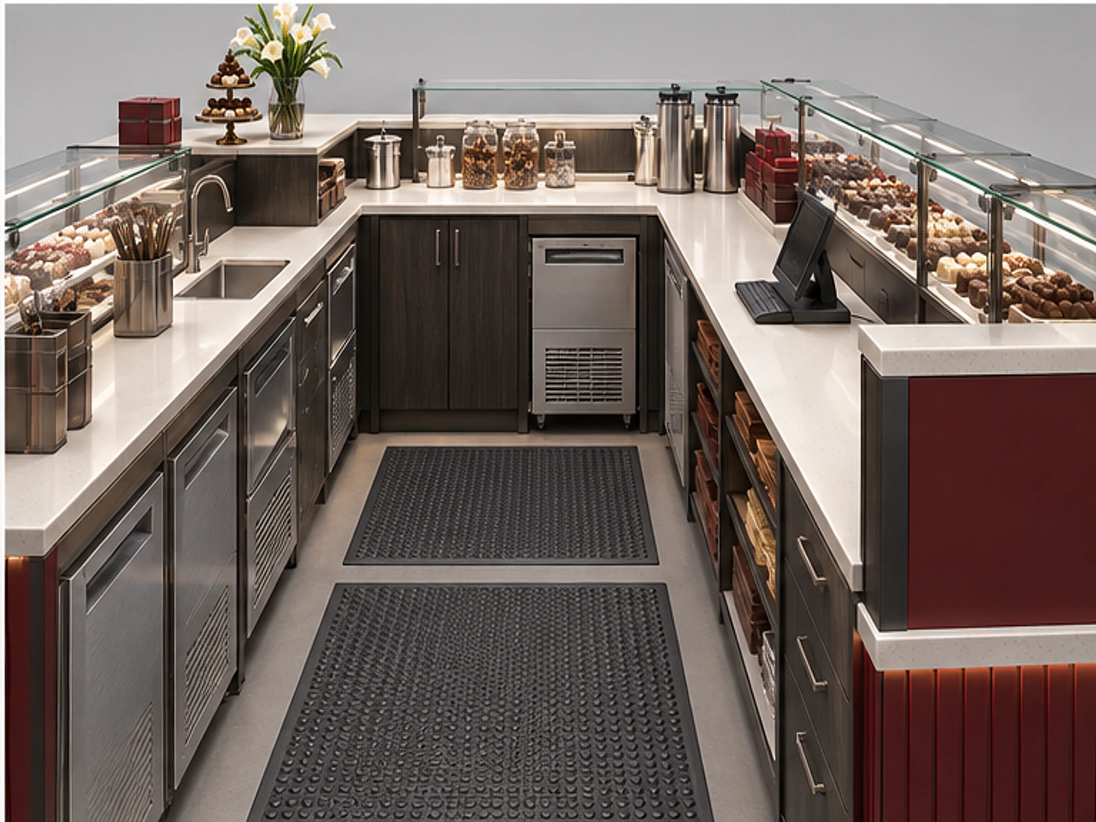Artisan Chocolate Booth with Temperature-Controlled Case staff-side equipment and storage layout