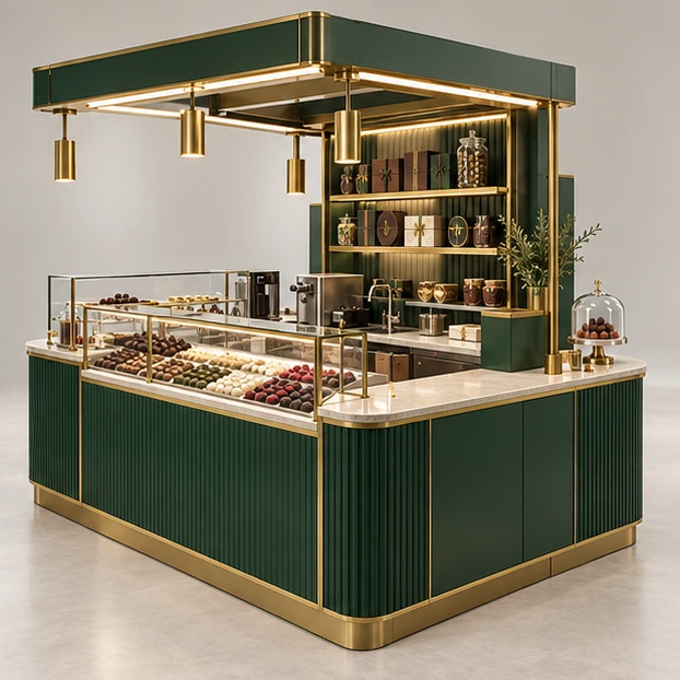 Artisan Truffle Kiosk with Sampling Counter opposite angle showing its complete footprint and display layout