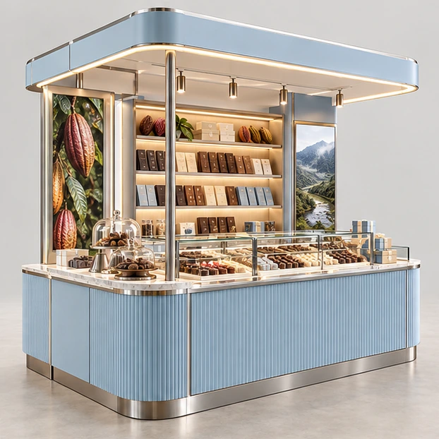 Bean-to-Bar Chocolate Kiosk with Storytelling Display main three-quarter product rendering