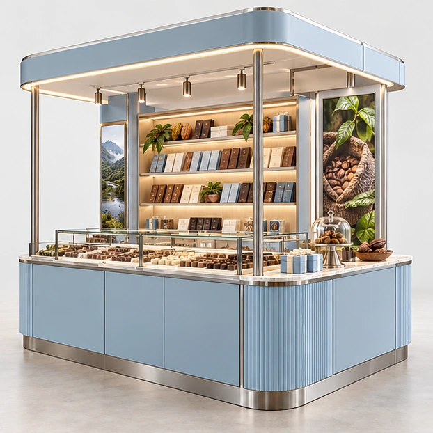Bean-to-Bar Chocolate Kiosk with Storytelling Display opposite angle showing its complete footprint and display layout