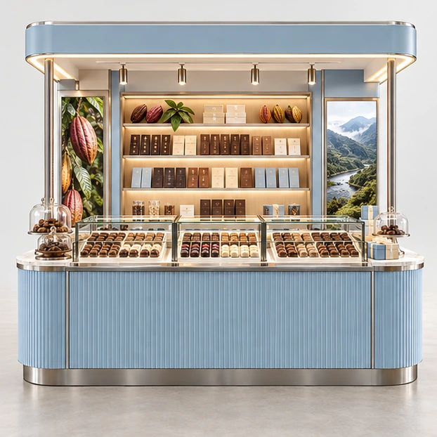 Bean-to-Bar Chocolate Kiosk with Storytelling Display customer-facing service and display view