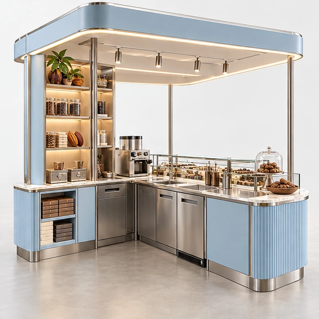 Bean-to-Bar Chocolate Kiosk with Storytelling Display operator-side equipment, access, and storage view