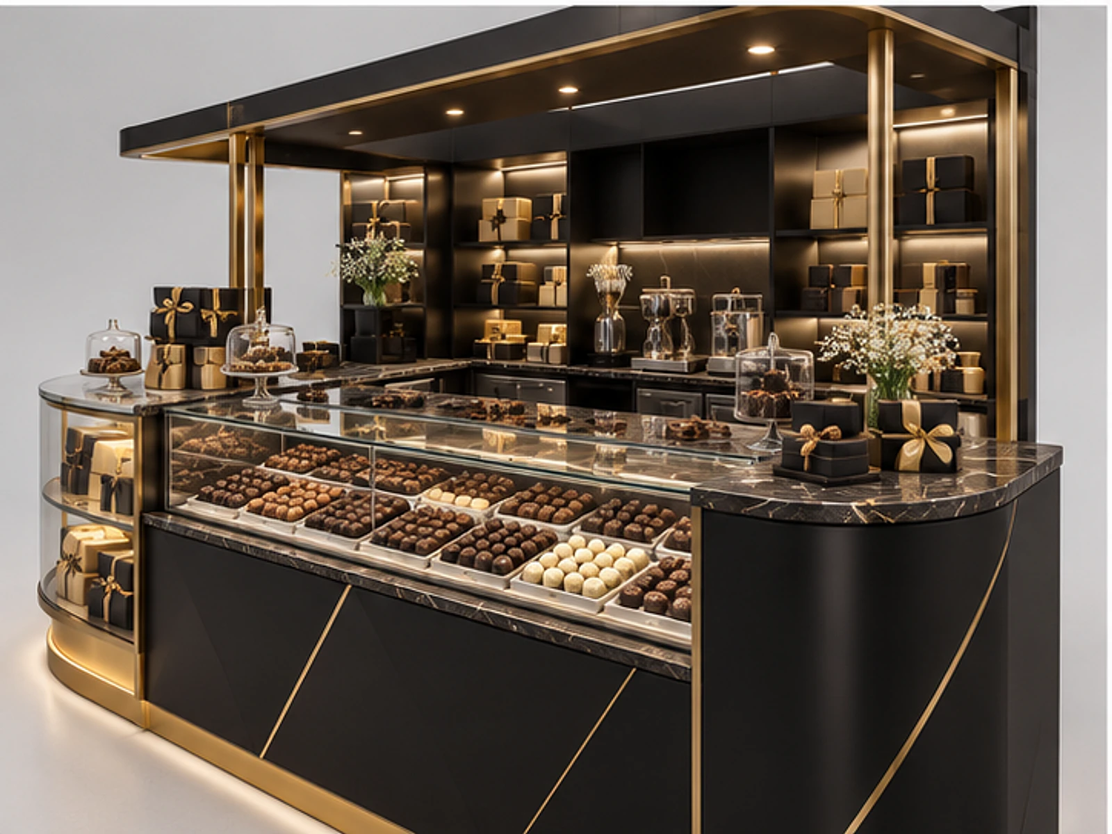 Black Gold Chocolate Booth for Premium Malls customer-facing display and service counter