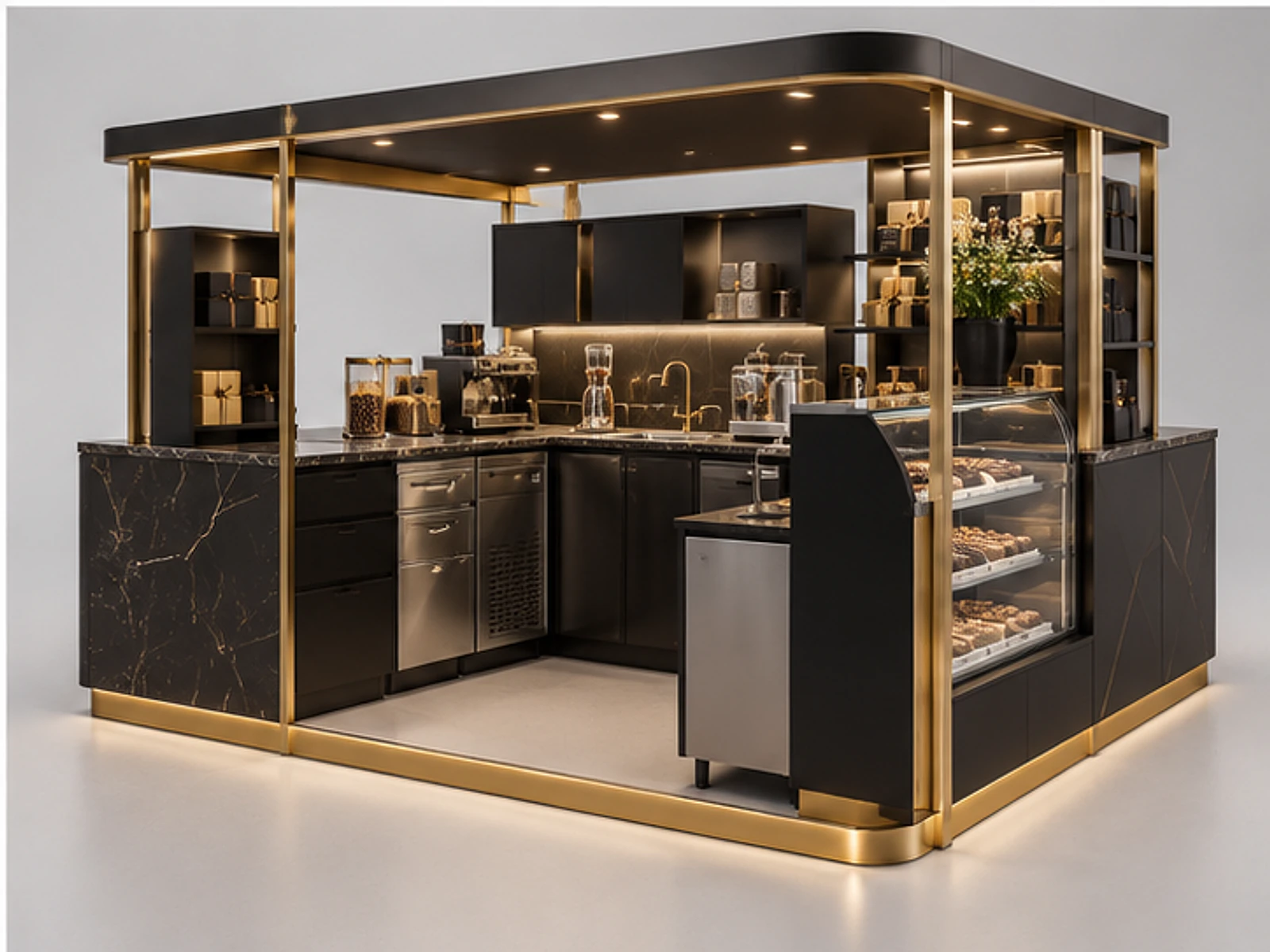 Black Gold Chocolate Booth for Premium Malls staff-side equipment and storage layout