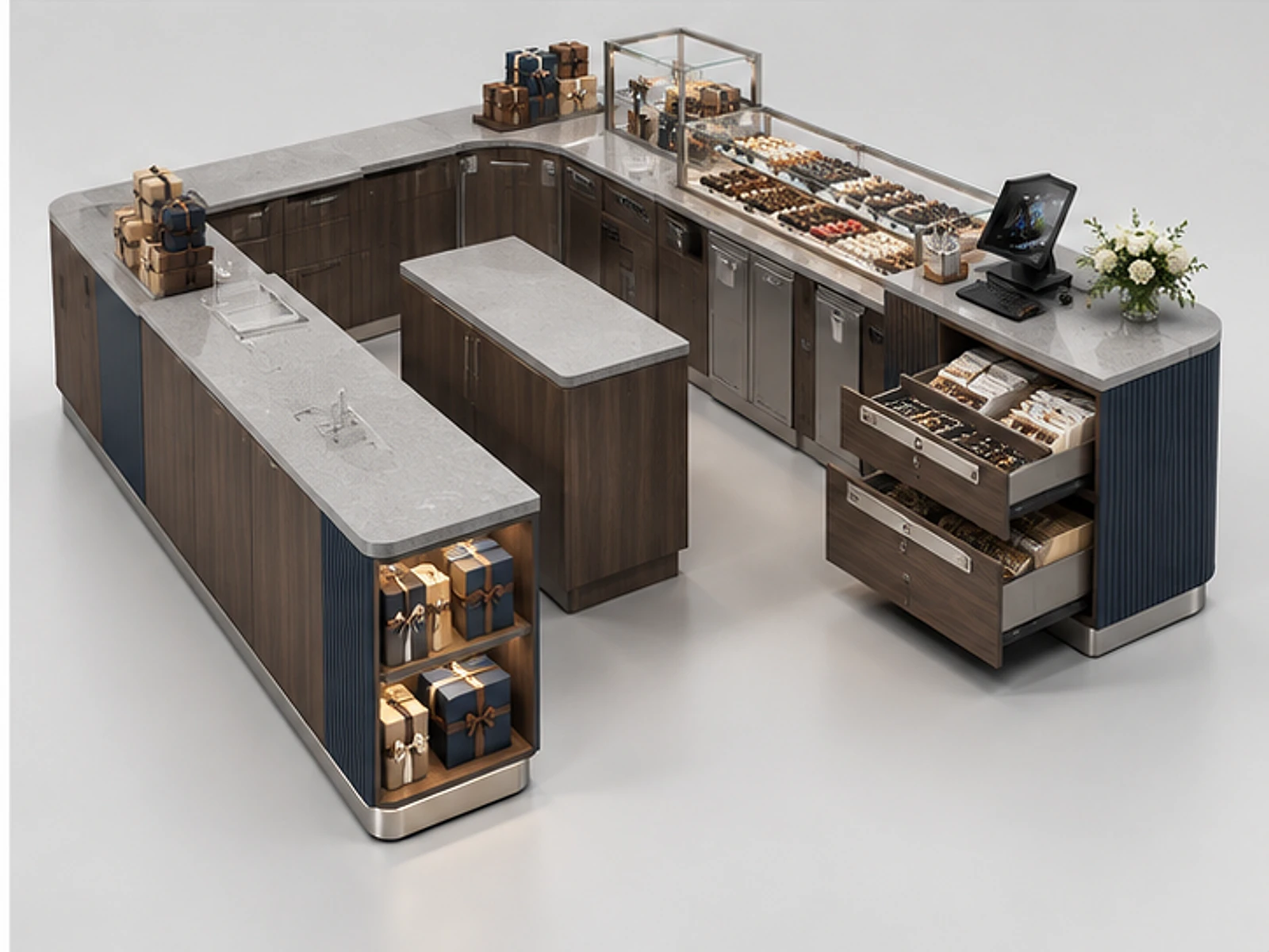 Boutique Chocolate Counter with Secure Storage staff-side equipment and storage layout