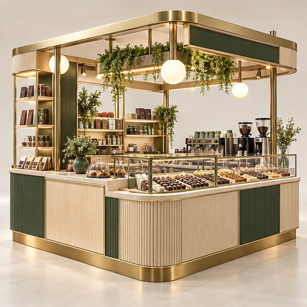 Chocolate and Coffee Kiosk with Shared Checkout main three-quarter product rendering