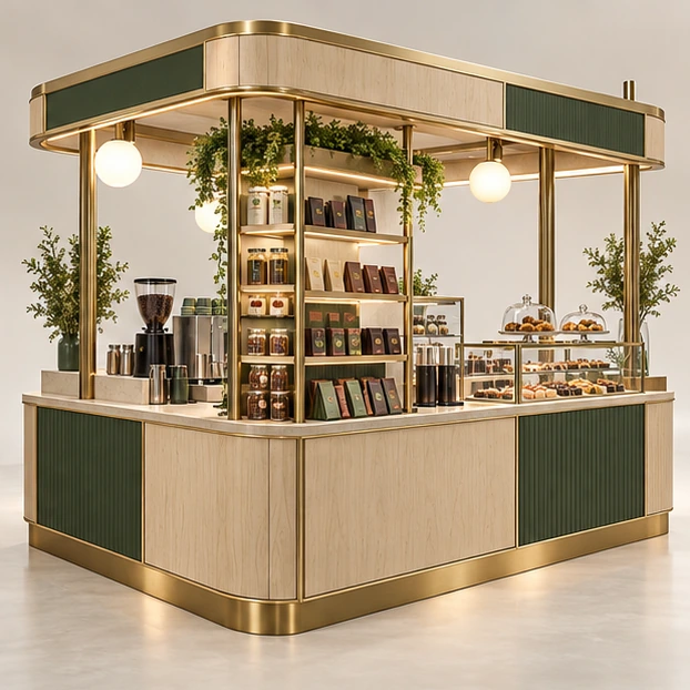 Chocolate and Coffee Kiosk with Shared Checkout opposite angle showing its complete footprint and display layout