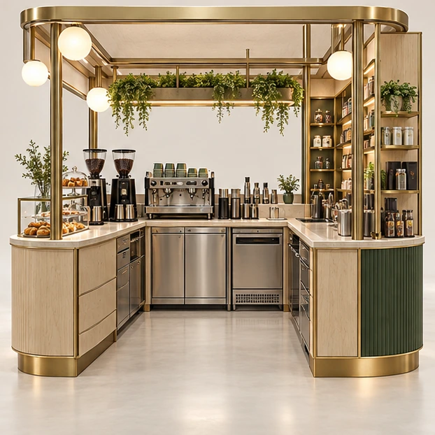 Chocolate and Coffee Kiosk with Shared Checkout operator-side equipment, access, and storage view