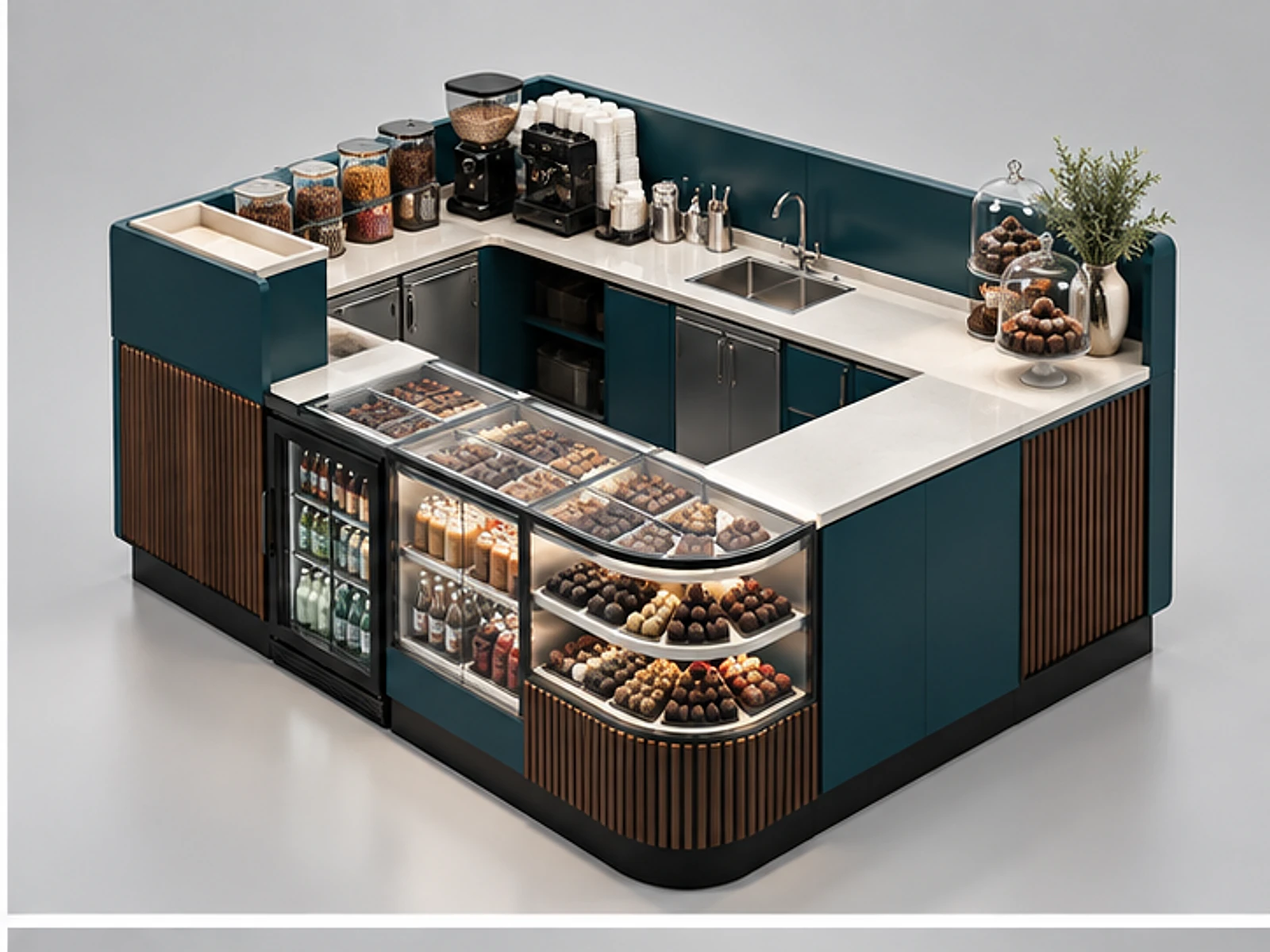 Chocolate Dessert Kiosk with Beverage Station opposite angle showing overall kiosk layout