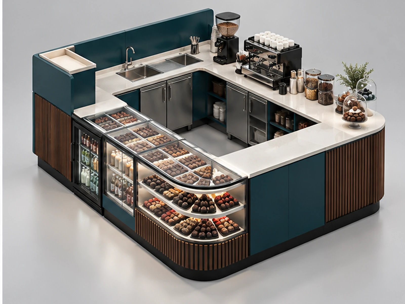 Chocolate Dessert Kiosk with Beverage Station staff-side equipment and storage layout