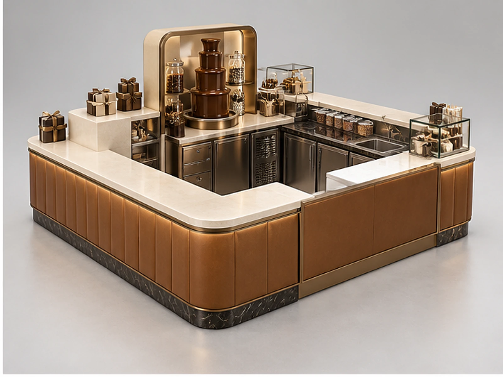 Chocolate Fountain Kiosk with Service Counter opposite angle showing overall kiosk layout