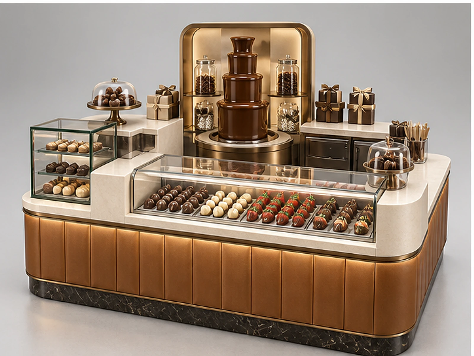Chocolate Fountain Kiosk with Service Counter customer-facing display and service counter