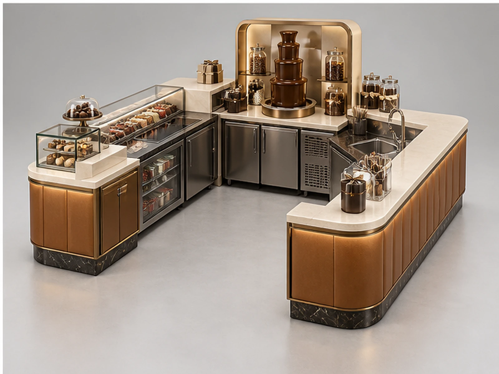 Chocolate Fountain Kiosk with Service Counter staff-side equipment and storage layout