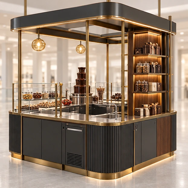 Chocolate Fountain Kiosk with Splash-Protected Worktop opposite angle showing its complete footprint and display layout
