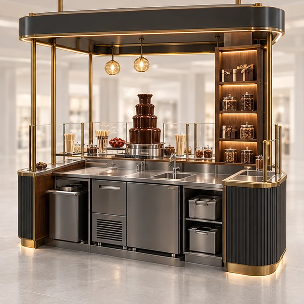 Chocolate Fountain Kiosk with Splash-Protected Worktop operator-side equipment, access, and storage view