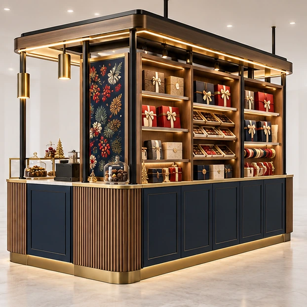 Chocolate Gift Kiosk with Seasonal Box Shelves opposite angle showing its complete footprint and display layout