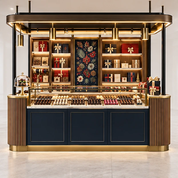 Chocolate Gift Kiosk with Seasonal Box Shelves customer-facing service and display view