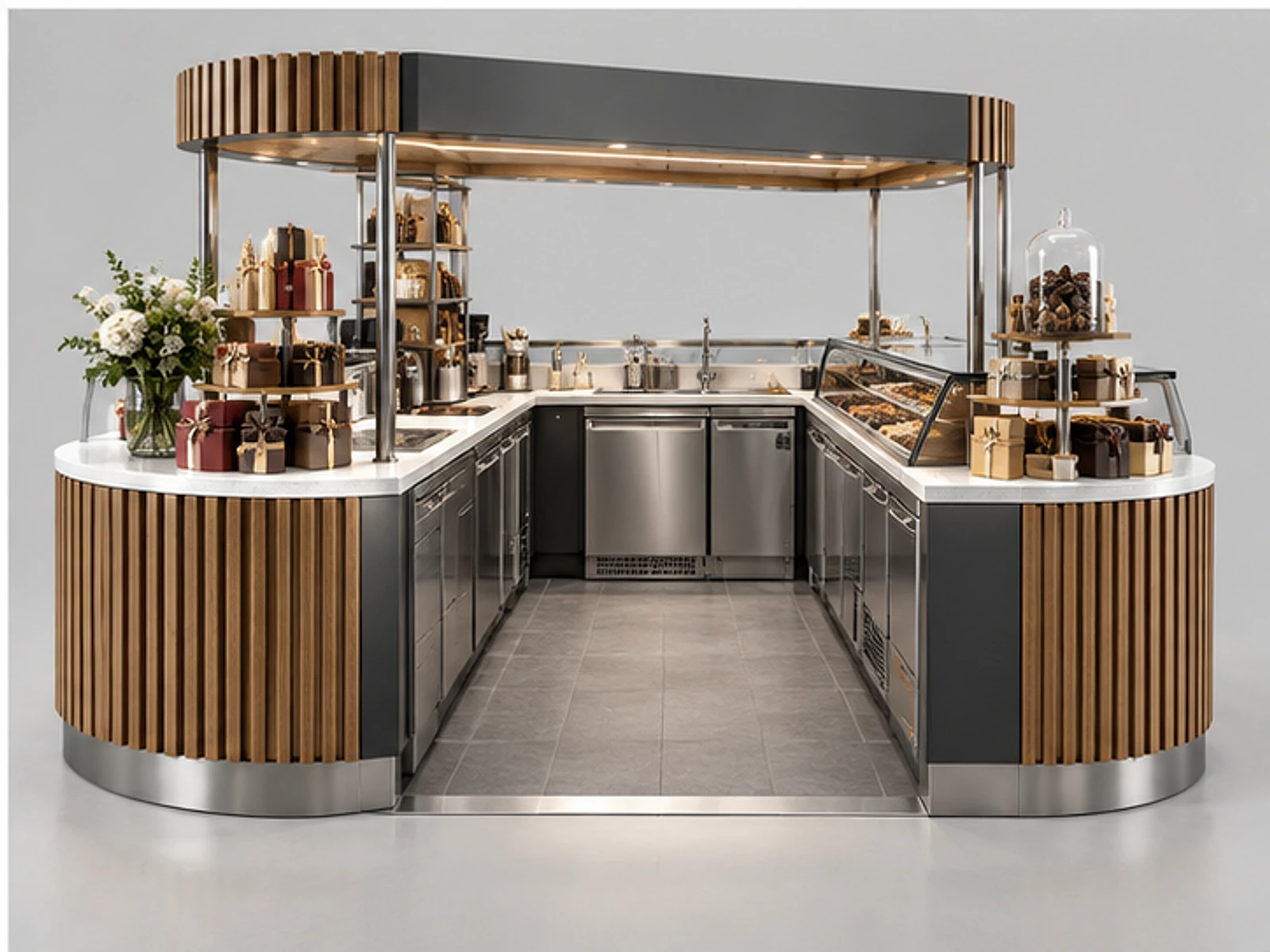Commercial Chocolate Display Kiosk for Retail staff-side equipment and storage layout