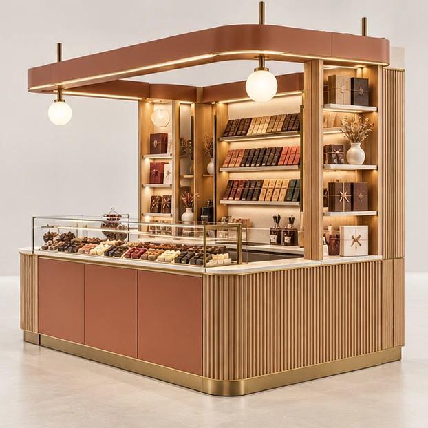 Compact Chocolate Bar Kiosk with Wall-Mounted Display opposite angle showing its complete footprint and display layout