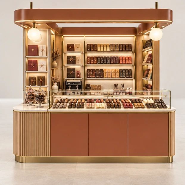 Compact Chocolate Bar Kiosk with Wall-Mounted Display customer-facing service and display view
