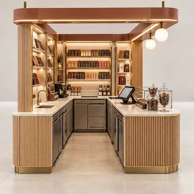 Compact Chocolate Bar Kiosk with Wall-Mounted Display operator-side equipment, access, and storage view
