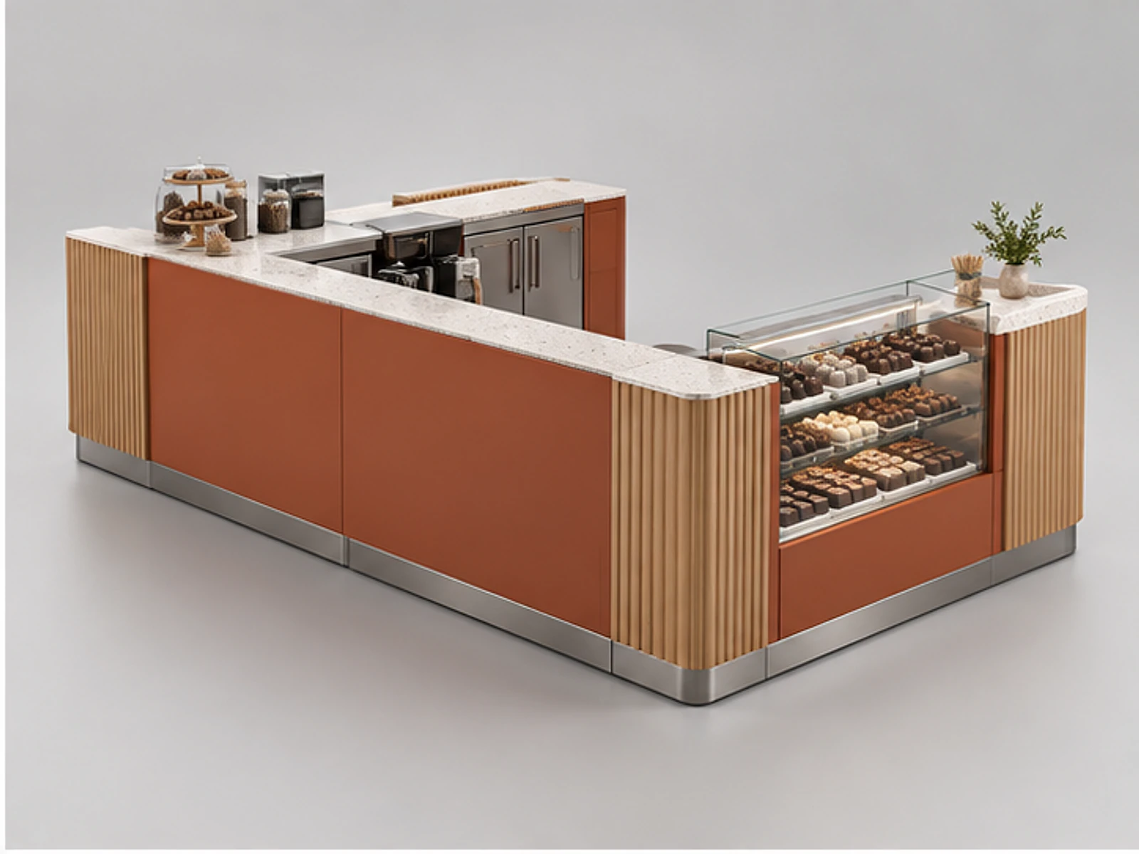 Compact Chocolate Kiosk with Sampling Counter opposite angle showing overall kiosk layout