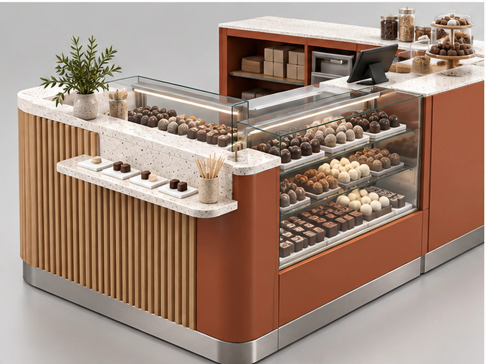 Compact Chocolate Kiosk with Sampling Counter customer-facing display and service counter