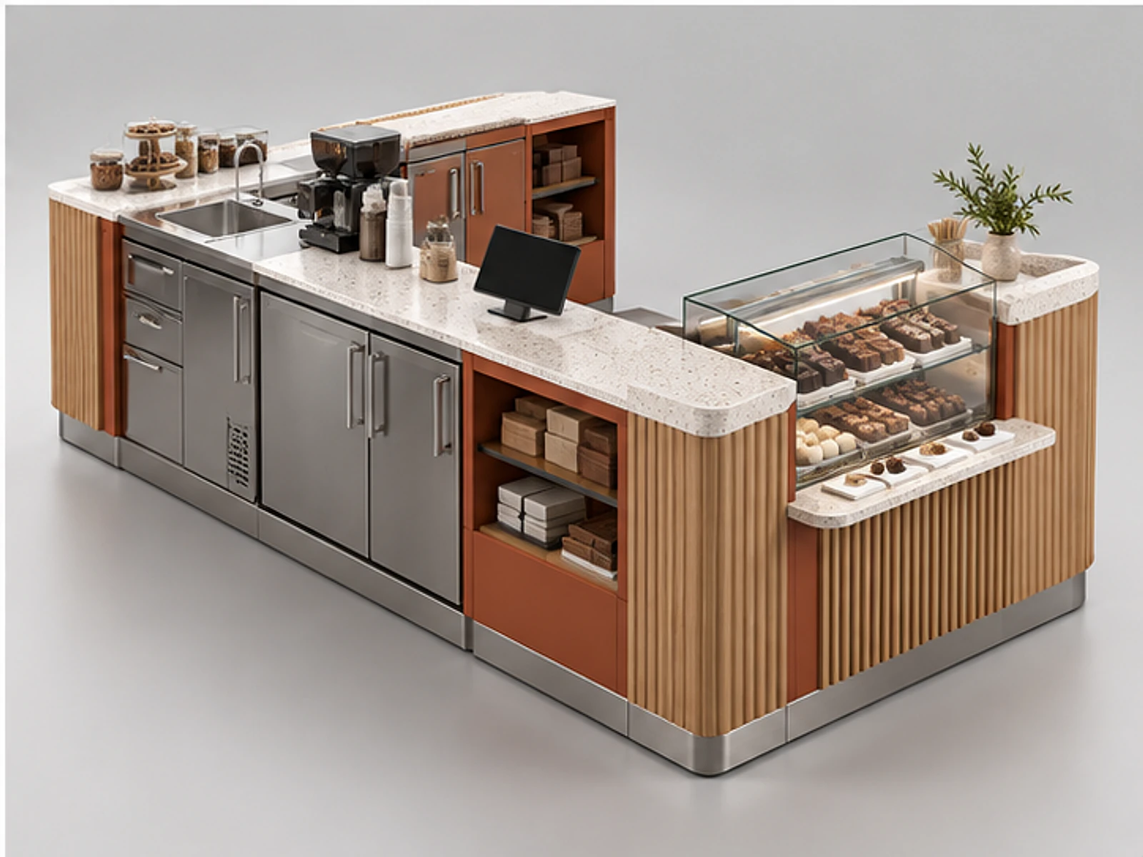 Compact Chocolate Kiosk with Sampling Counter staff-side equipment and storage layout