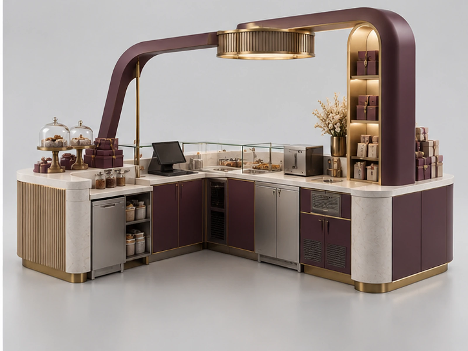 Custom Chocolate Kiosk for Confectionery Brands staff-side equipment and storage layout
