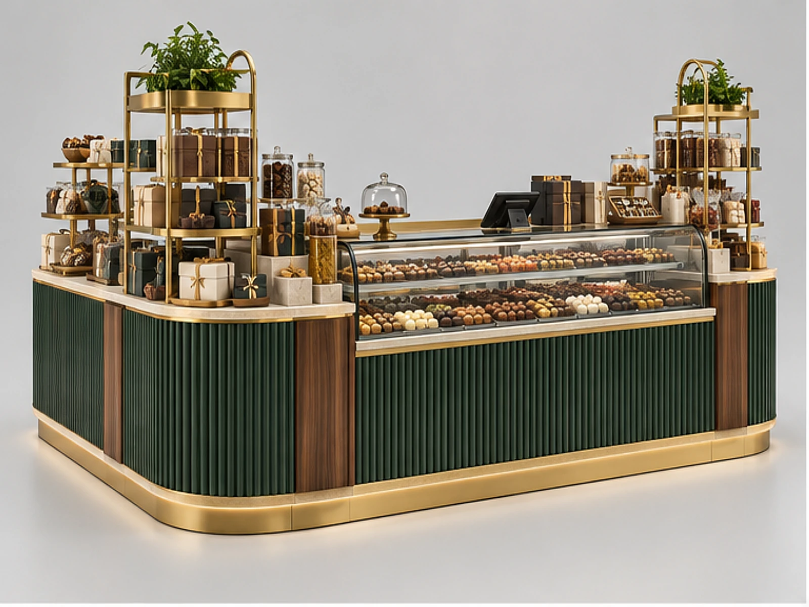 Island Chocolate Kiosk with Multi-Side Display main three-quarter product view