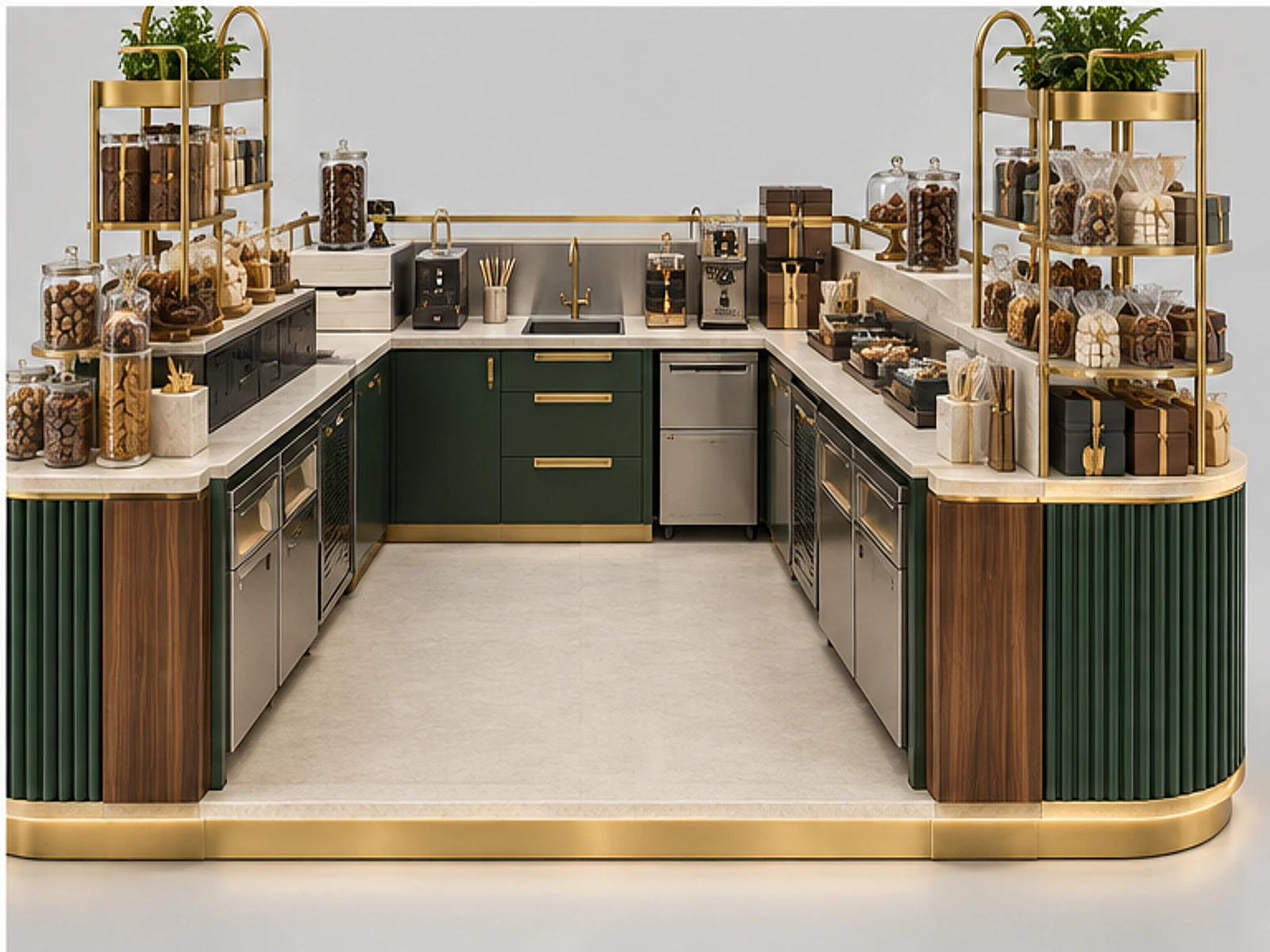 Island Chocolate Kiosk with Multi-Side Display staff-side equipment and storage layout