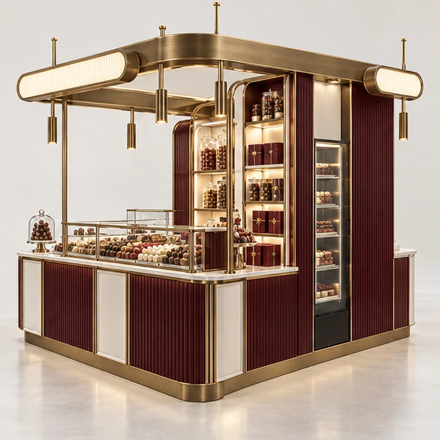 Luxury Praline Kiosk with Climate-Aware Storage opposite angle showing its complete footprint and display layout
