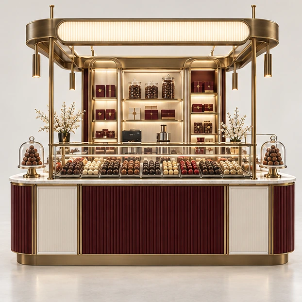 Luxury Praline Kiosk with Climate-Aware Storage customer-facing service and display view