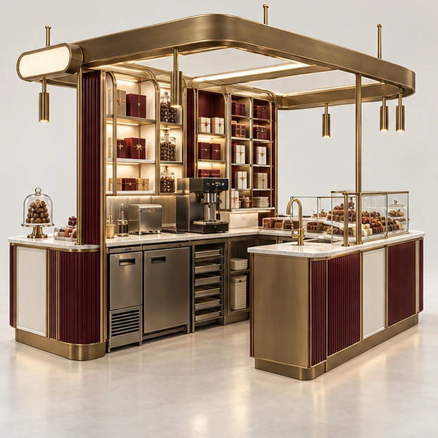 Luxury Praline Kiosk with Climate-Aware Storage operator-side equipment, access, and storage view