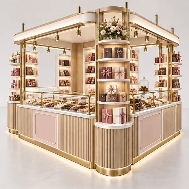Mall Chocolate Island with Multi-Side Gift Display opposite angle showing its complete footprint and display layout