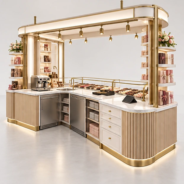Mall Chocolate Island with Multi-Side Gift Display operator-side equipment, access, and storage view