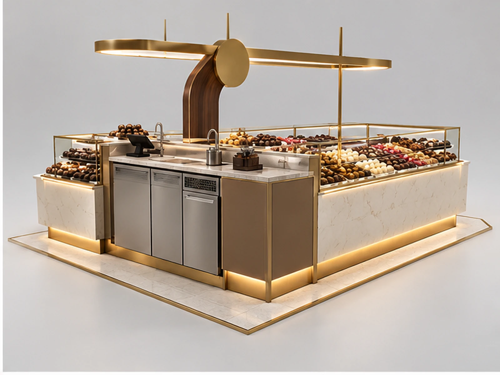 Mall Chocolate Kiosk with LED Display Lighting opposite angle showing overall kiosk layout