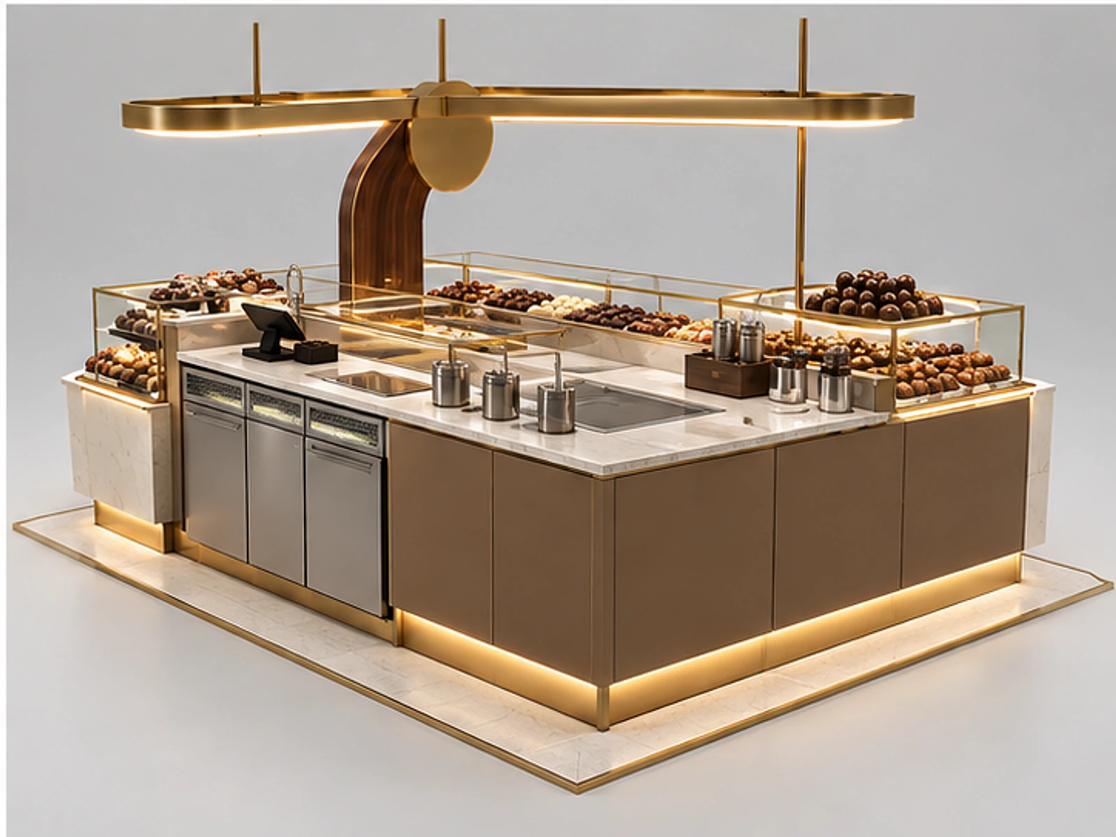 Mall Chocolate Kiosk with LED Display Lighting staff-side equipment and storage layout