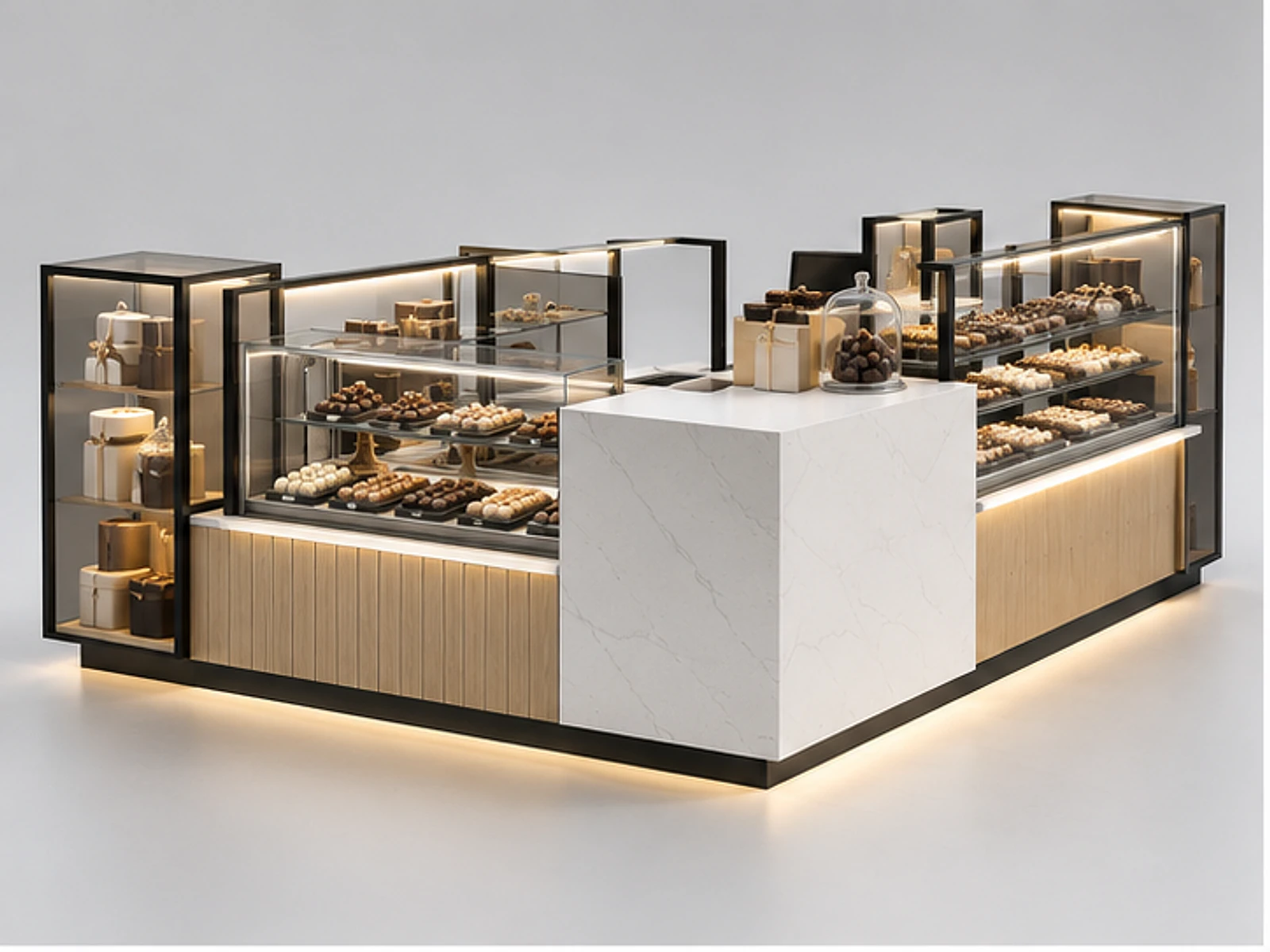 Modern Chocolate Kiosk with Glass Gift Showcase main three-quarter product view