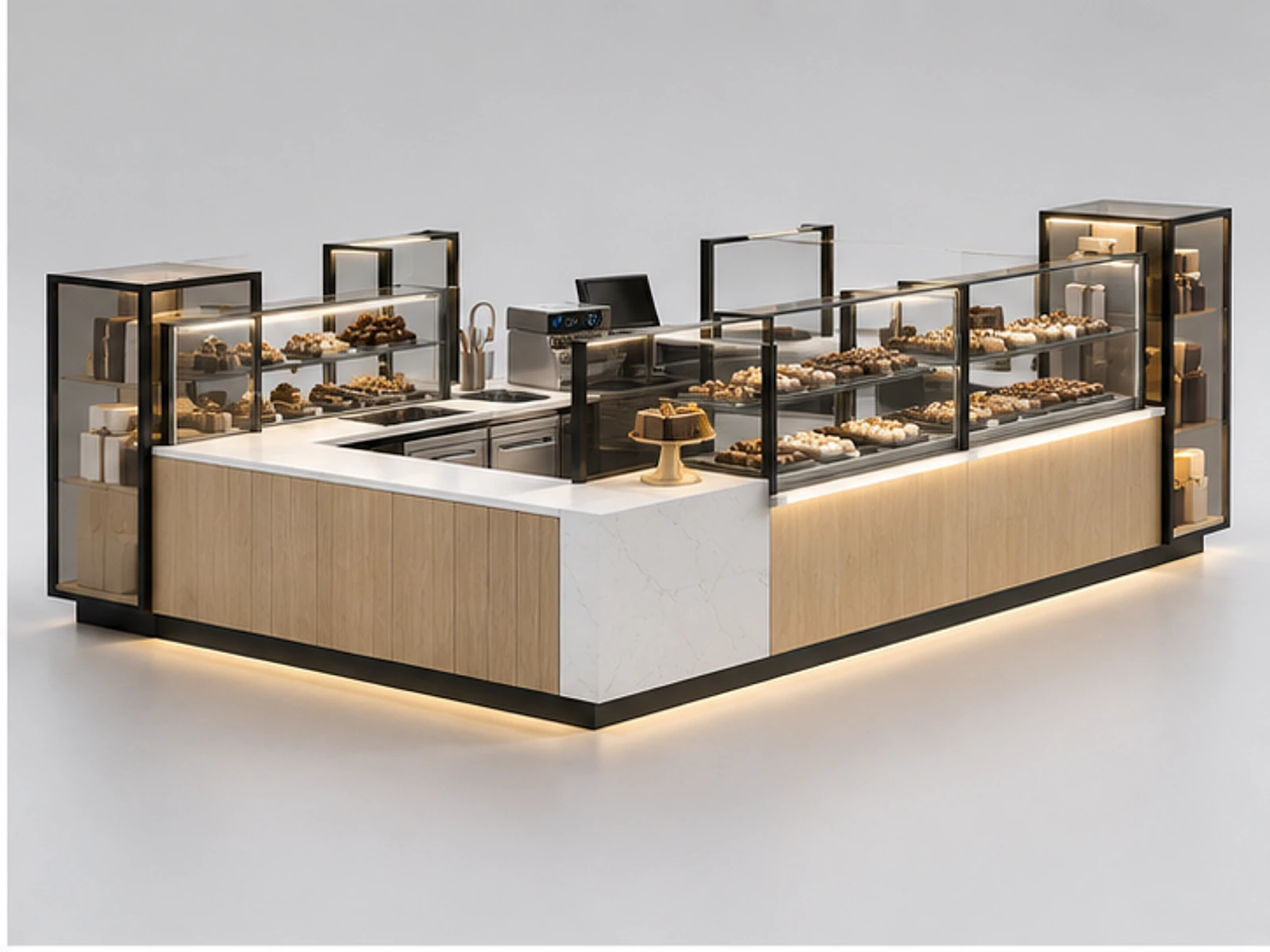 Modern Chocolate Kiosk with Glass Gift Showcase opposite angle showing overall kiosk layout